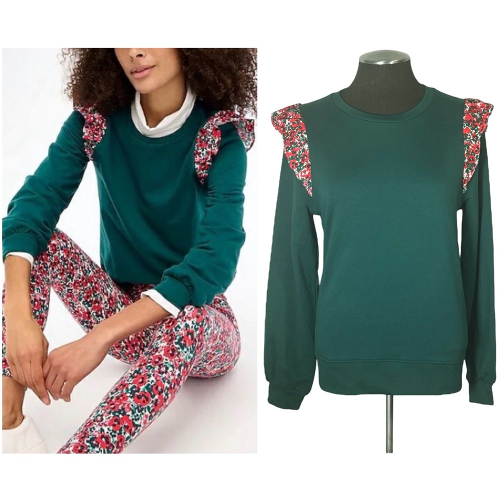 J.Crew – Floral Ruffle Pullover Preppy Cotton Blend Sweatshirt - Medium